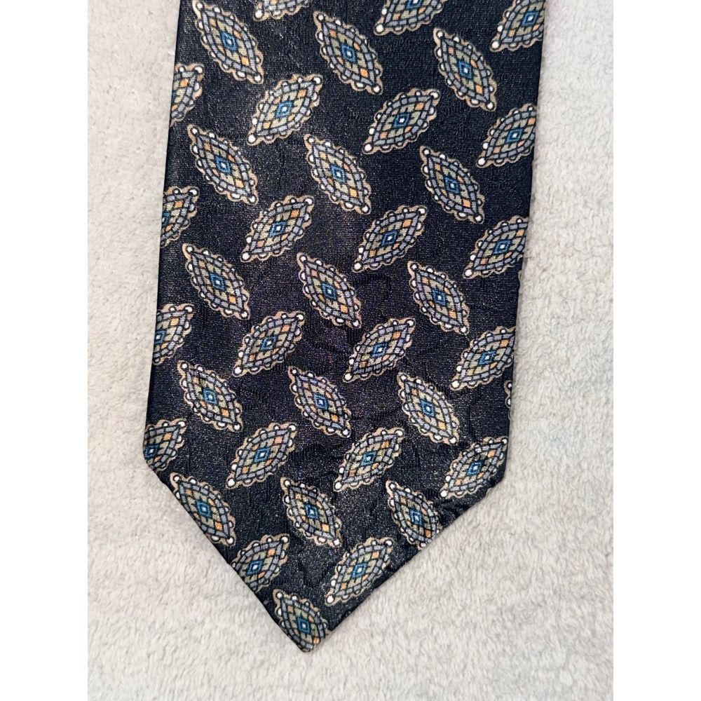 Wembley Mens Vintage Clip On Necktie Black Blue Gold Geometric Medallion Pattern